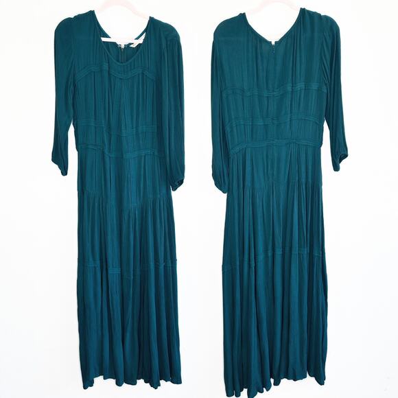 eShakti Wayward Fancies Rayon Crinkle Corset Style Teal Long Sleeve Midi Dress L - Picture 2 of 14